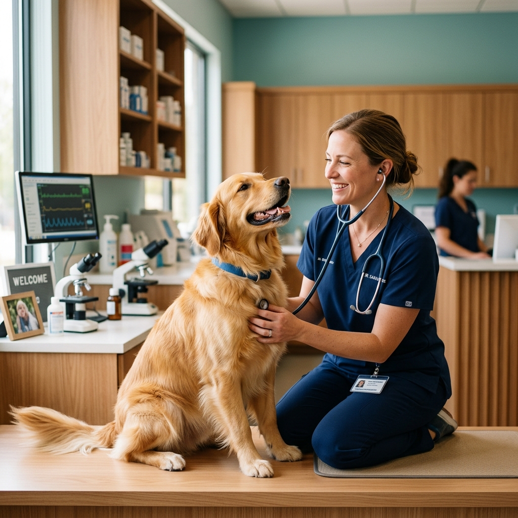 Friendly veterinarian treating pet at City Pet Clinic